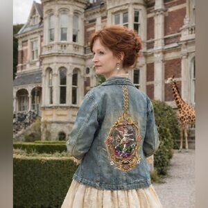 Vintage Victorian lace pearls jean jacket denim handprinted angel sz 12 OOAK